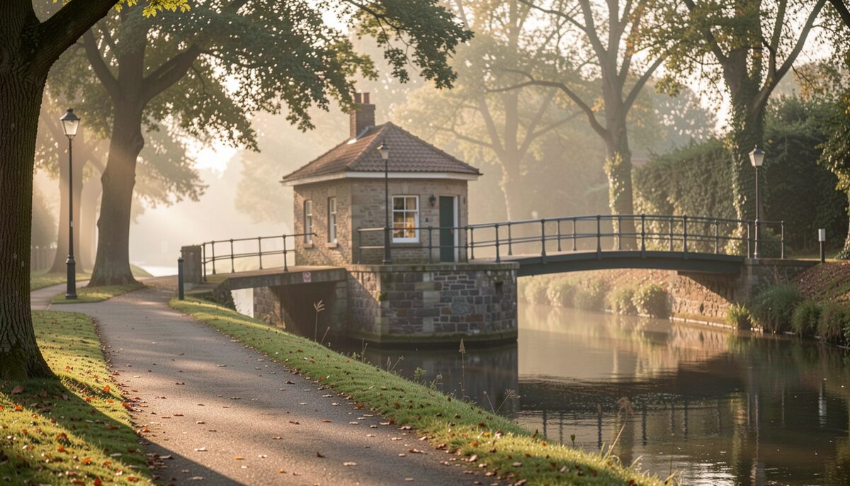 A quiet canal towpath with a stone lock house and a pedestrian bridge, early morning light through trees