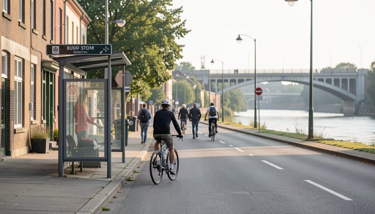 A small-town street with a bus stop sign and a cyclist, morning commuters walking, a river bridge in the distance
