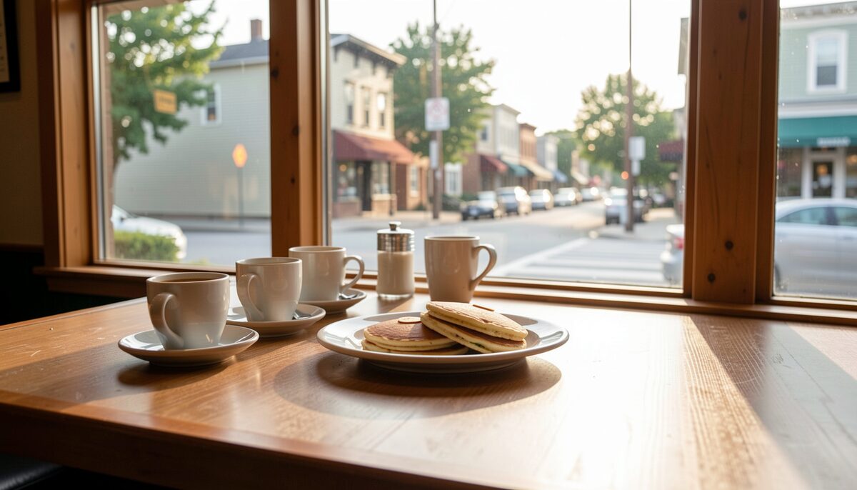 A diner counter with coffee cups and a plate of pancakes, morning light through the window onto a quiet small-town street