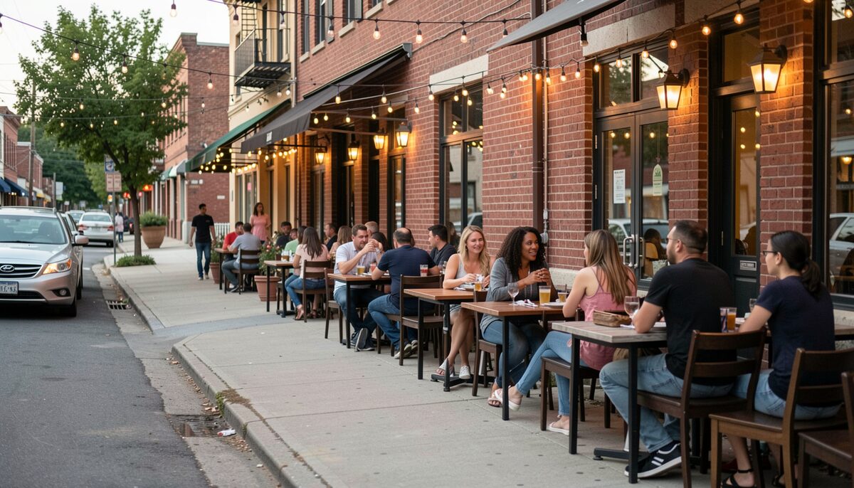 Outdoor restaurant tables with string lights along a small-town sidewalk at dusk, people dining, brick buildings behind