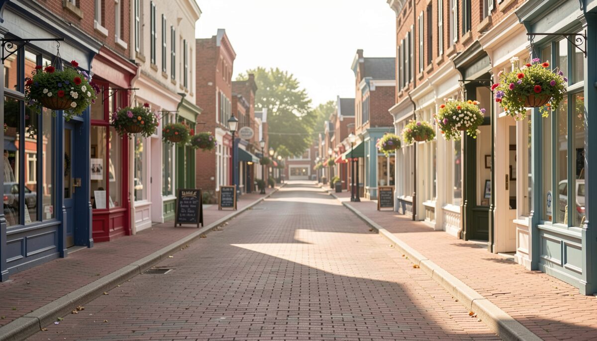 A small American town main street with brick sidewalks, hanging flower baskets and colorful storefronts under a morning sun