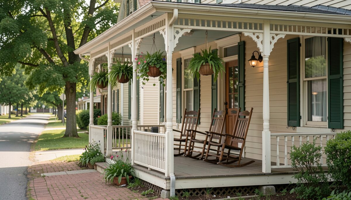 A Victorian house porch with rocking chairs and hanging plants on a leafy small-town side street