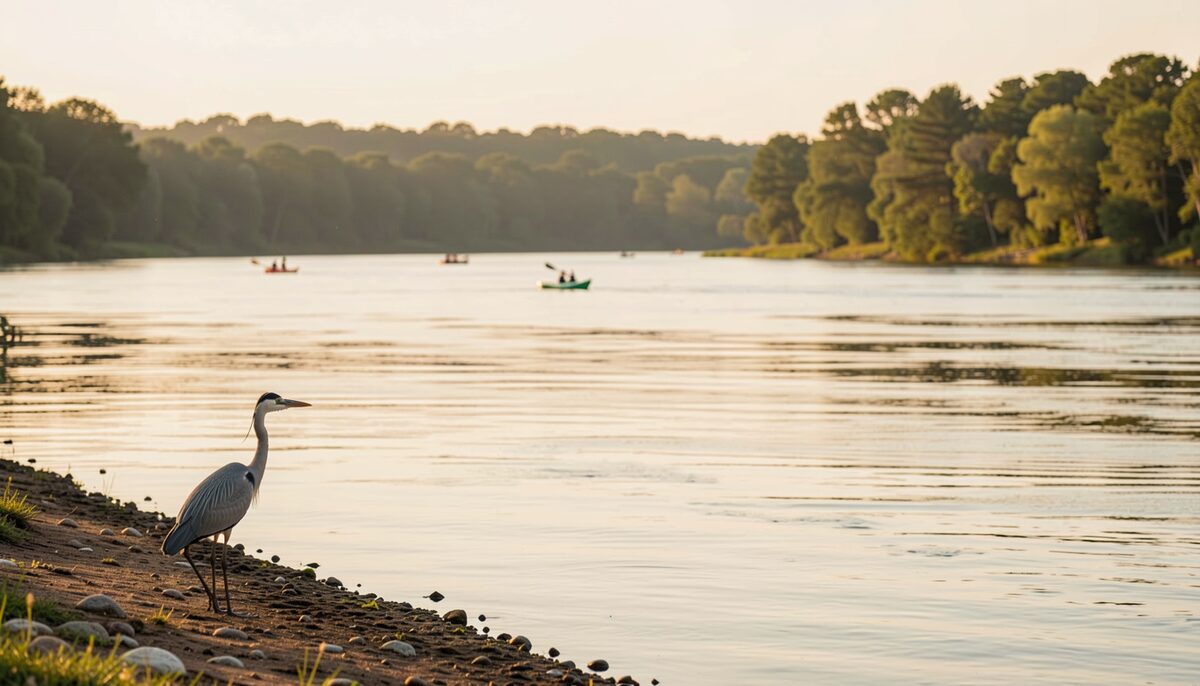 A wide calm river at golden hour with a heron at the bank, kayaks in the distance, wooded far shore