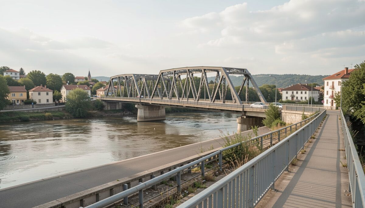A steel truss bridge over a wide river between two small towns, a pedestrian walkway alongside the traffic deck