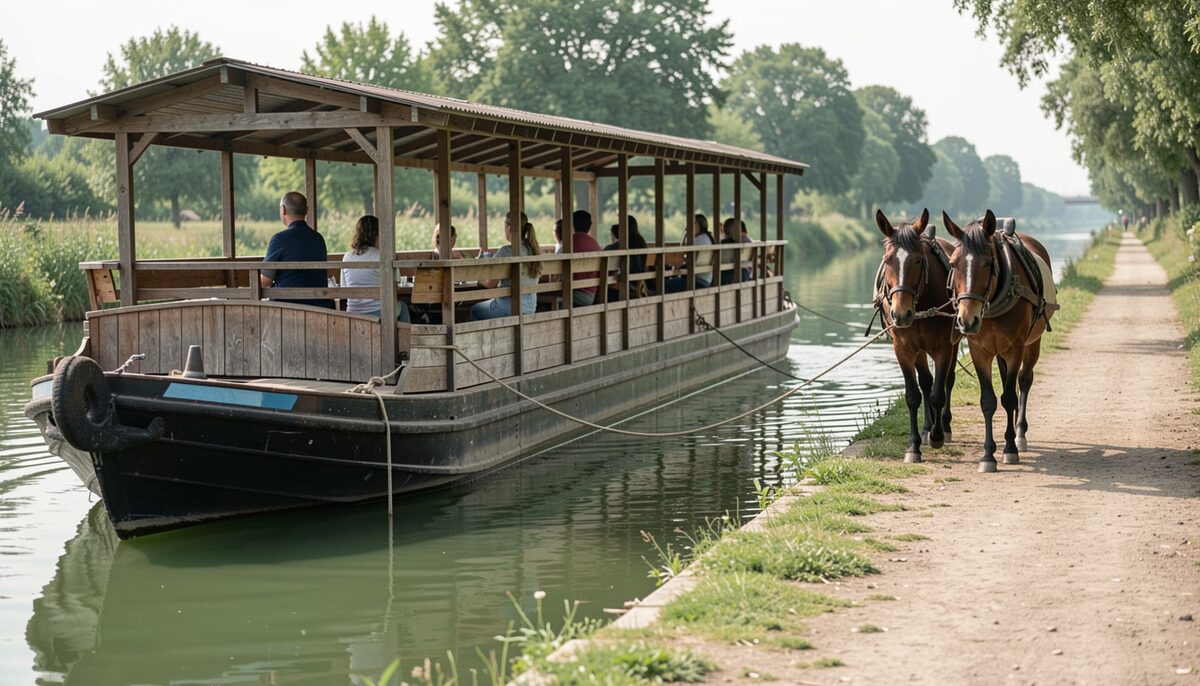 A long wooden canal boat drawn by two mules on a towpath, passengers on benches under a canopy, summer greenery