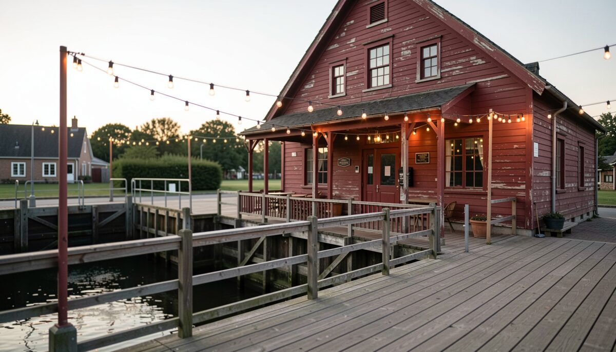 An old red-painted wooden theatre building beside a canal lock, string lights over an outdoor deck at dusk