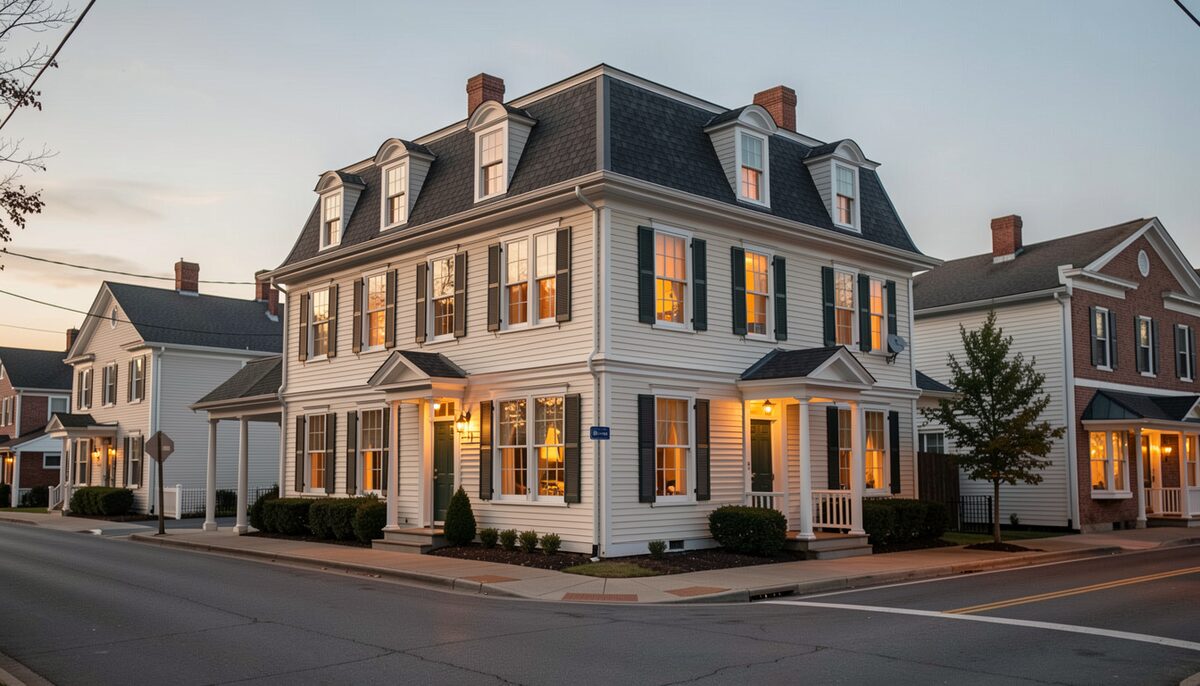 A historic American inn with a mansard roof and lit windows on a small-town street corner at twilight